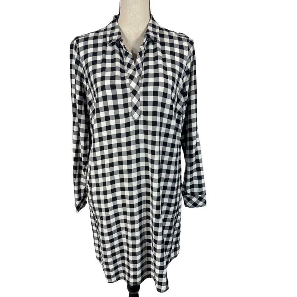 J. Jill Petite Medium Shirt Dress Buffalo Plaid Roll-Tab Sleeves Pockets V-Neck